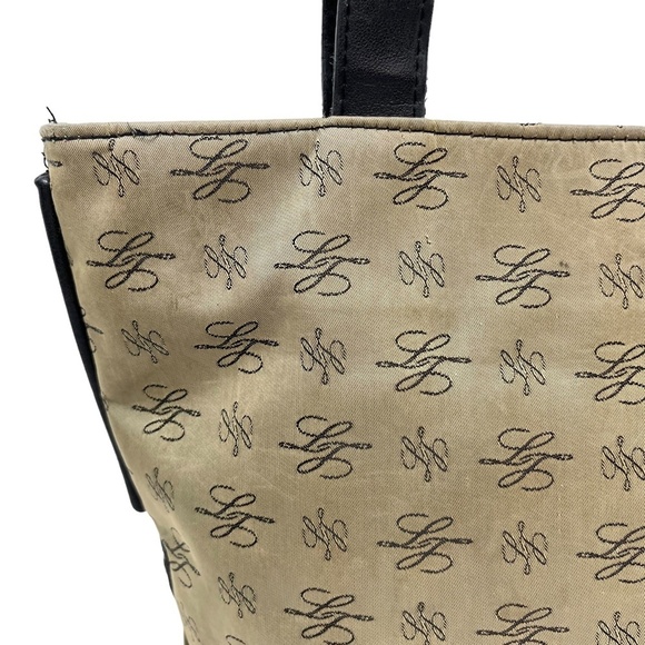 LONGABERGER Black Tan Double Handle Tote Shoulder Bag Genuine Leather Trim Purse - Picture 11 of 16